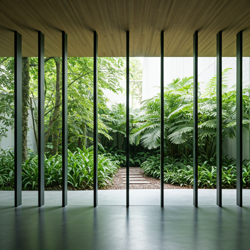 Modern sustainable office interior overlooking a lush garden