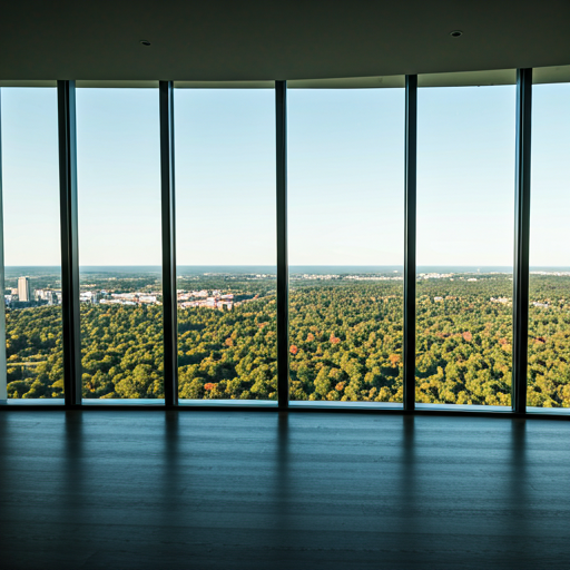 Luxury penthouse interior overlooking a green cityscape