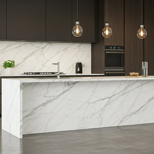 High-end kitchen marble island with designer pendant lights
