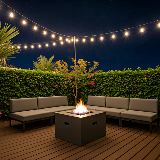 Outdoor lounge area with fire pit and ambient lighting