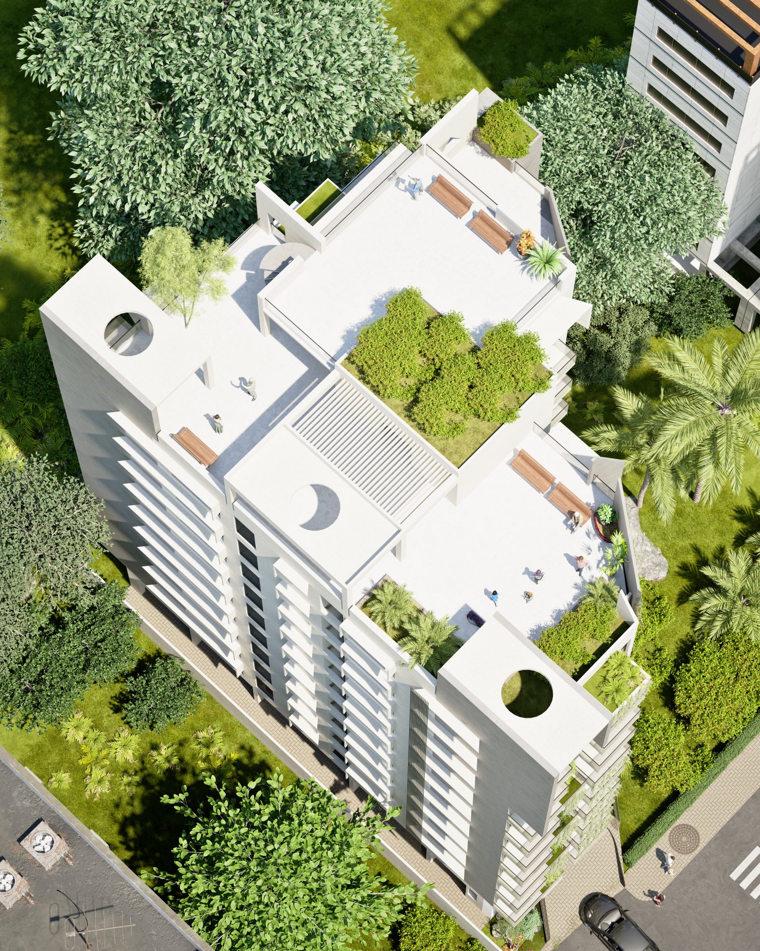 Luxury penthouse interior overlooking a green cityscape